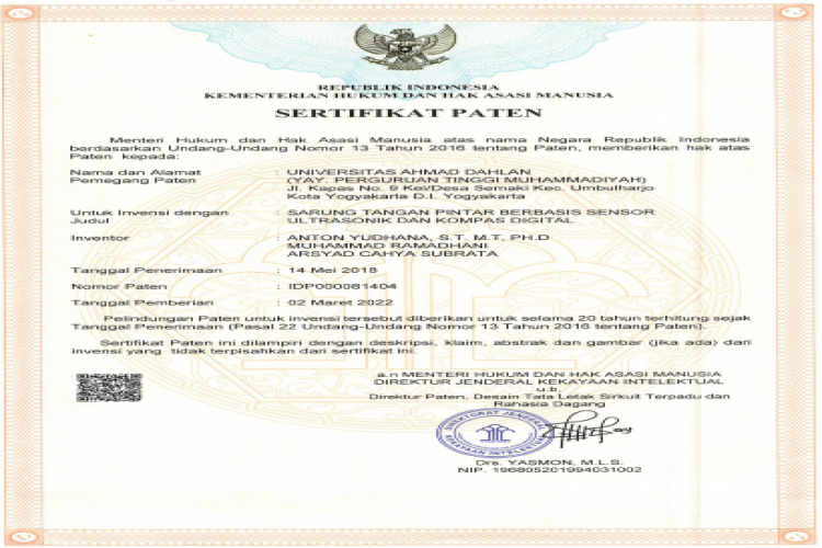 Patent Certificate From The Ministry Of Law And Human Rights Of The Republic Of Indonesia